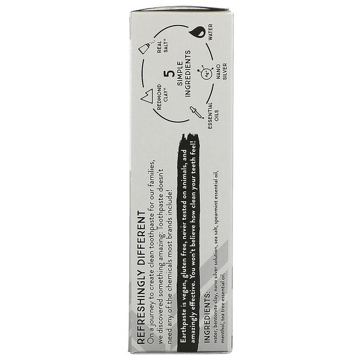 RTC015 | back of toothpaste box showing ingredients, REFRESHINGLY DIFFERENT headline and 5 simple ingredients graphic
