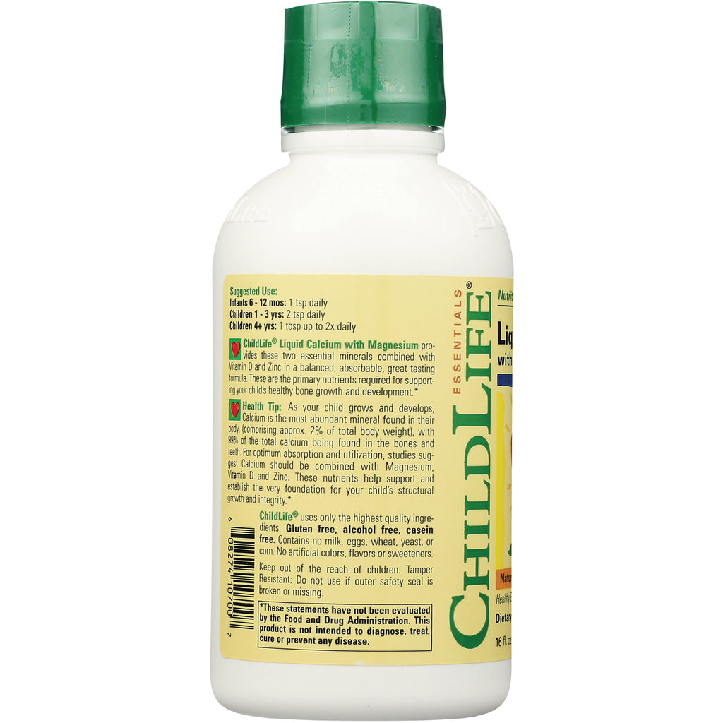 CHL001 | back label of ChildLife liquid calcium bottle showing suggested use, ingredients, and product information - Thumbnail