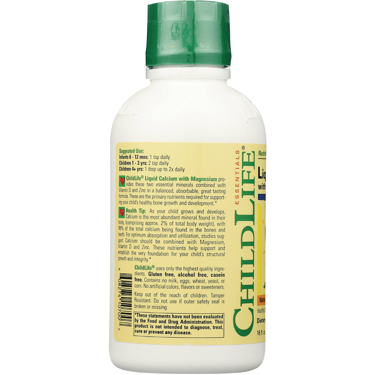 CHL001 | back label of ChildLife liquid calcium bottle showing suggested use, ingredients, and product information