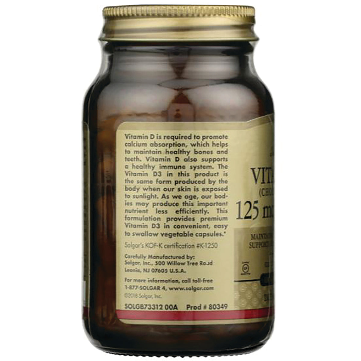 SLG248 | back label of brown glass supplement bottle showing Vitamin D3 description and manufacturer details