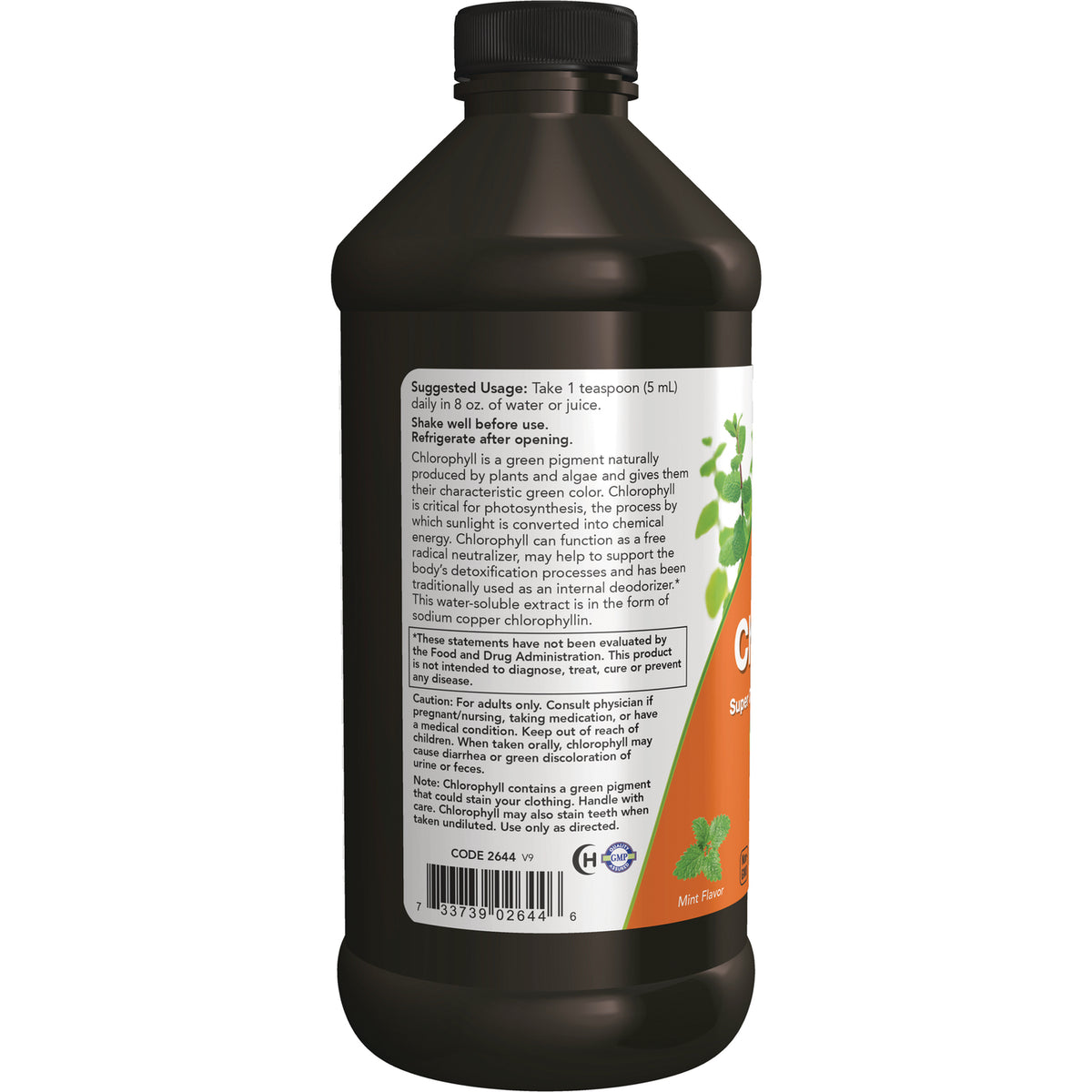 NWF1145 | Back label of brown supplement bottle showing usage directions, warnings, barcode and mint flavor