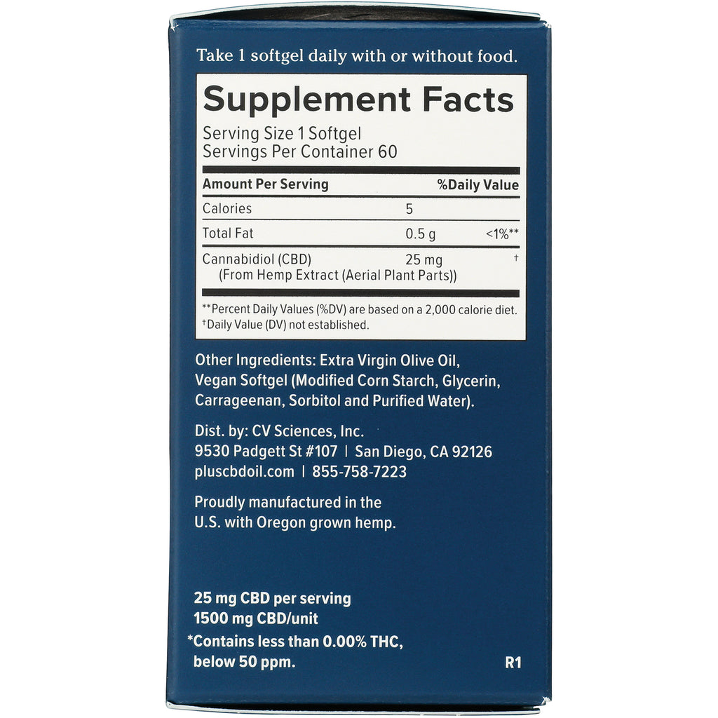 CV048 | Back panel with Supplement Facts: serving size 1 softgel, 25 mg CBD per serving, ingredients and manufacturer info - Thumbnail