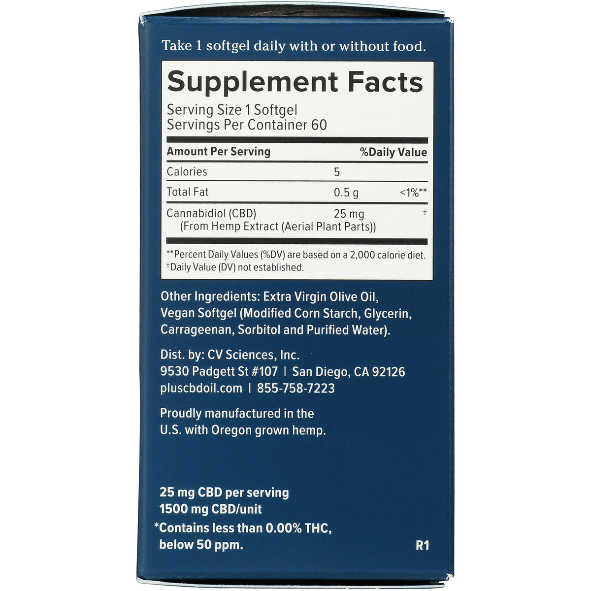 CV048 | Back panel with Supplement Facts: serving size 1 softgel, 25 mg CBD per serving, ingredients and manufacturer info