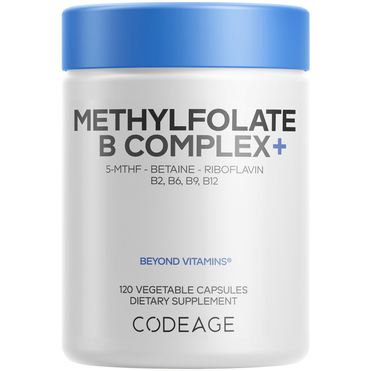 CDG030 | White bottle of Methylfolate B Complex+ dietary supplement labeled CODEAGE, 120 vegetable capsules