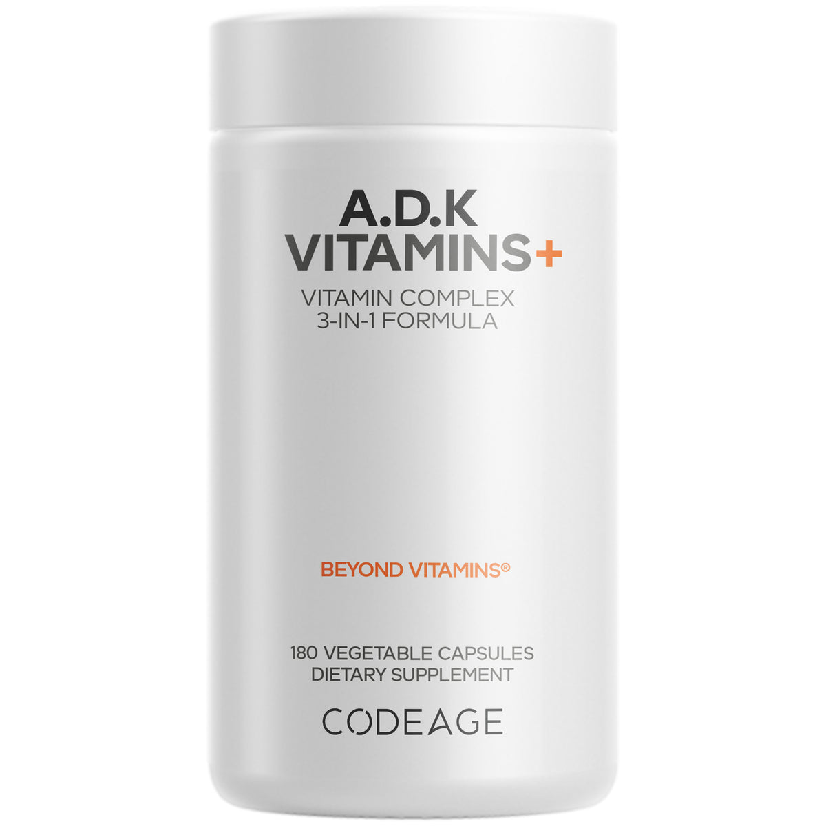 CDG035 | White bottle labeled A·D·K VITAMINS+ vitamin complex 3-in-1 formula, 180 vegetable capsules, Codeage