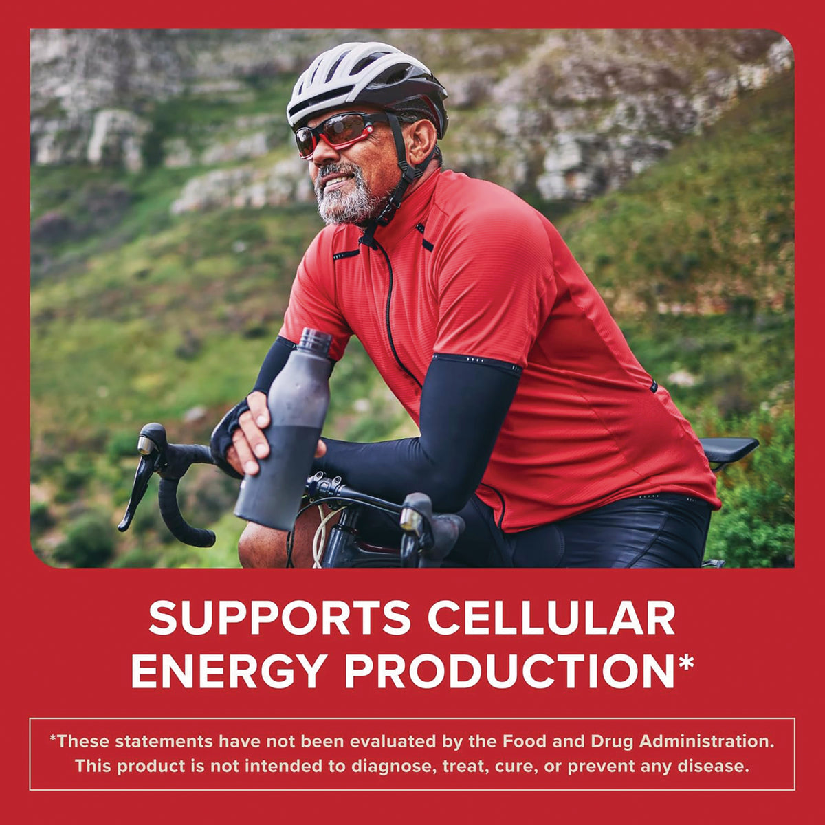 QNL003 | Image of man riding bike with text Supports Cellular Energy Production