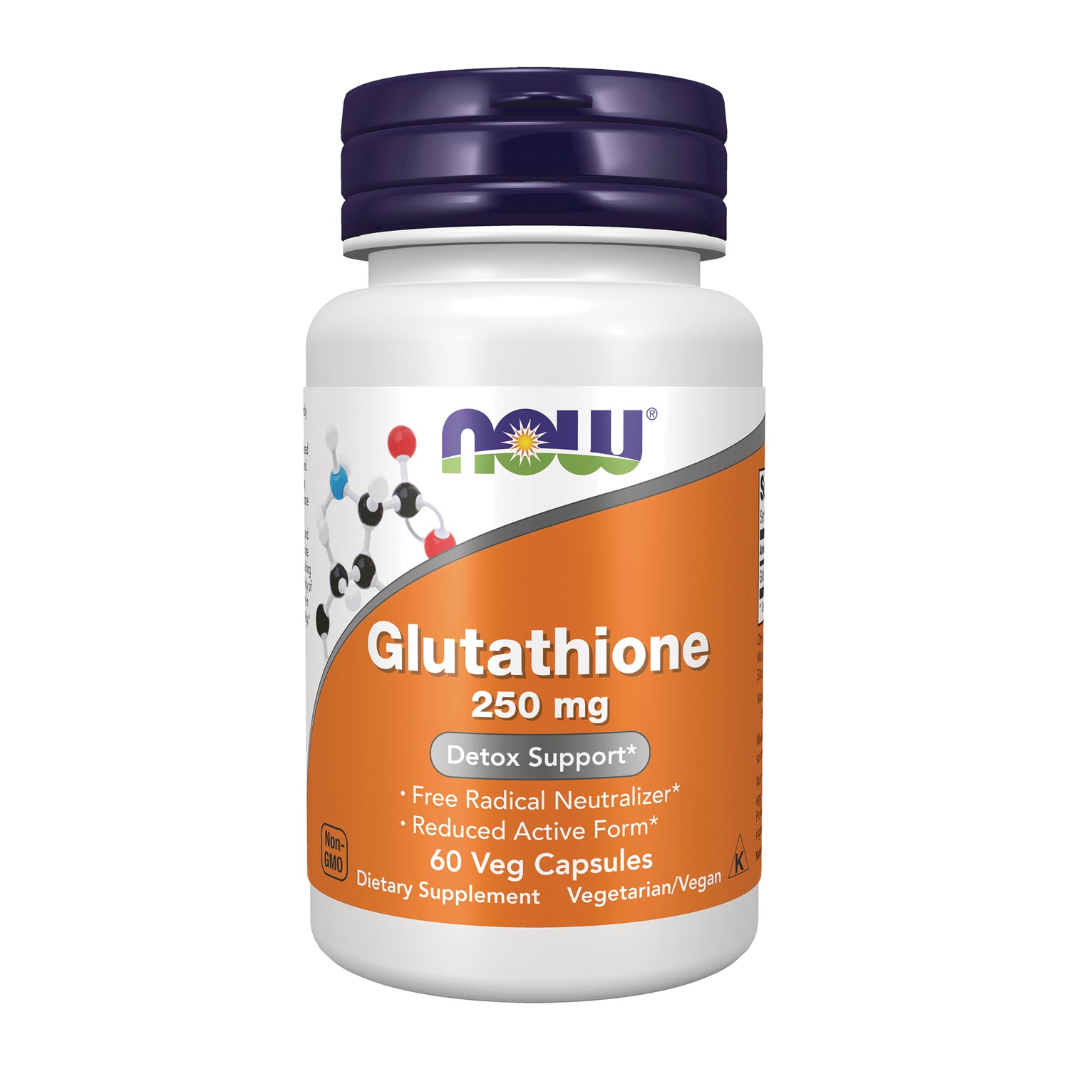NWF822 | NOW Glutathione 250 mg white bottle with orange label, 60 veg capsules