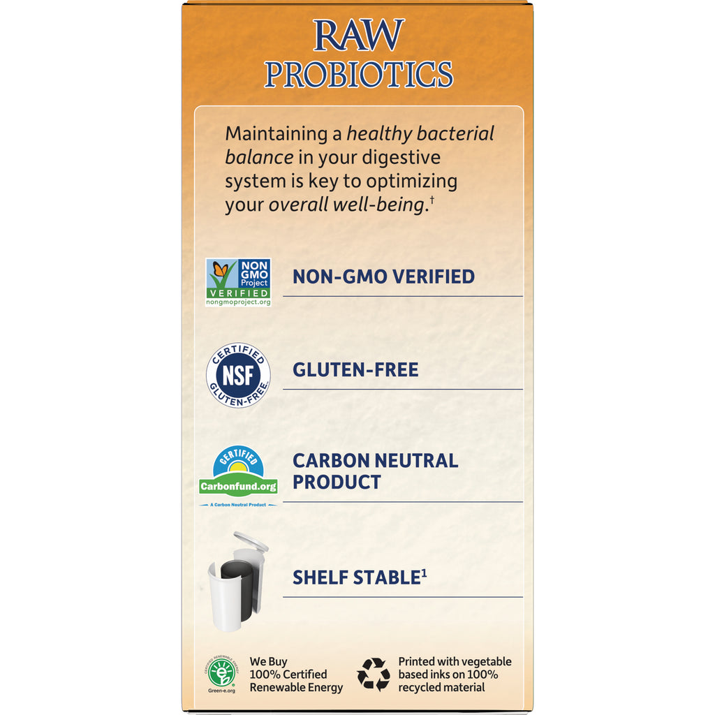 GLF364 | Back panel of Raw Probiotics box listing Non-GMO verified, gluten-free, carbon neutral product, shelf stable - Thumbnail