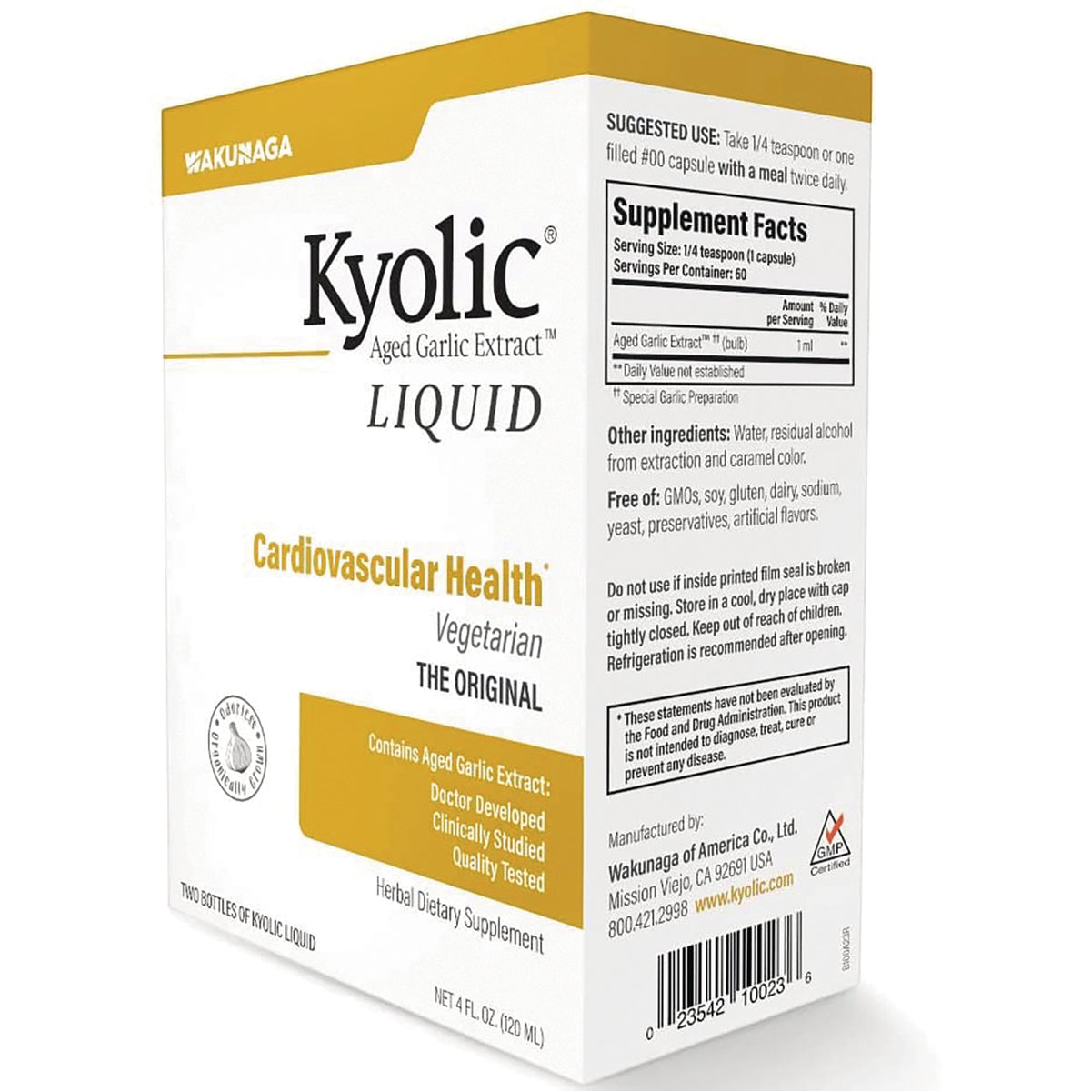 KY005 | Back of Kyolic Liquid box showing supplement facts, ingredients, suggested use and barcode