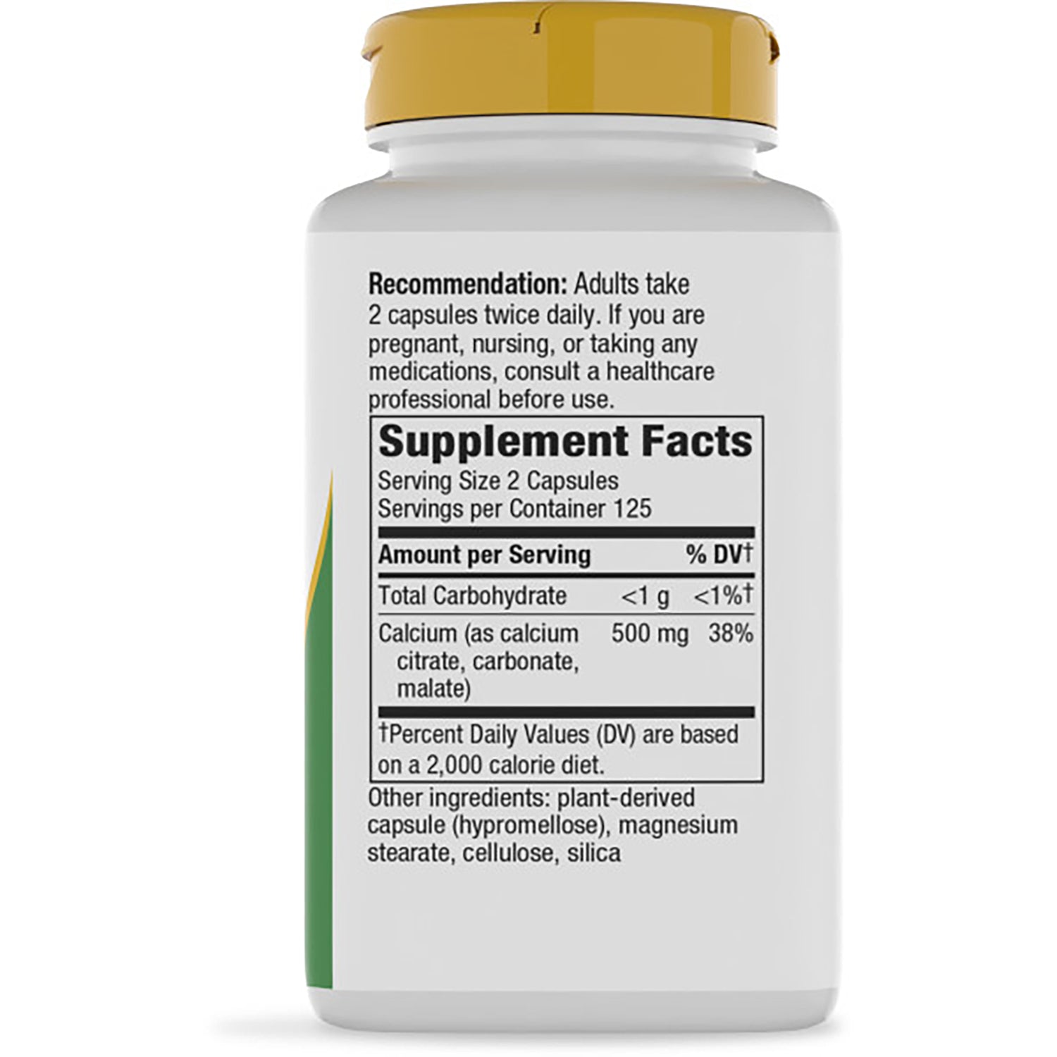 NW354 | Back of brown supplement bottle showing Supplement Facts panel with serving size 2 capsules and warnings