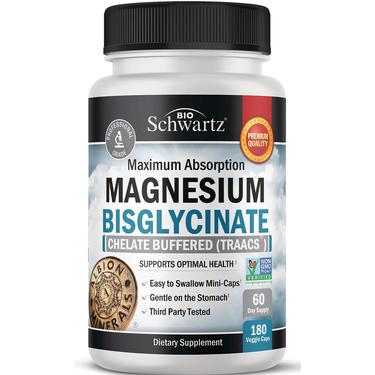 BSZ027 | BioSchwartz white bottle of Magnesium Bisglycinate supplement labeled Maximum Absorption, Chelate Buffered (TRAACS)