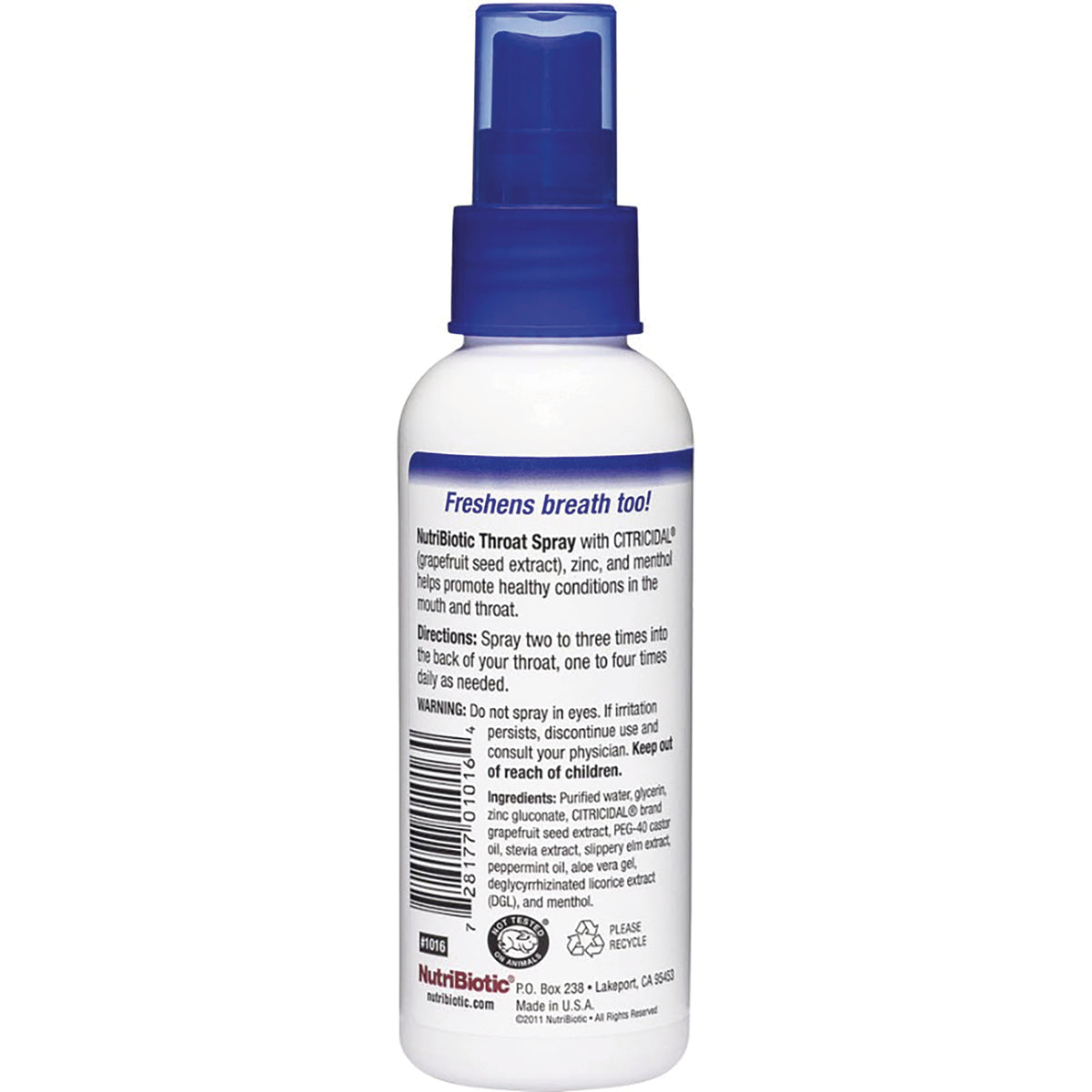 NUB012 | back label of throat spray bottle showing directions, ingredients, barcode and Freshens breath too! text