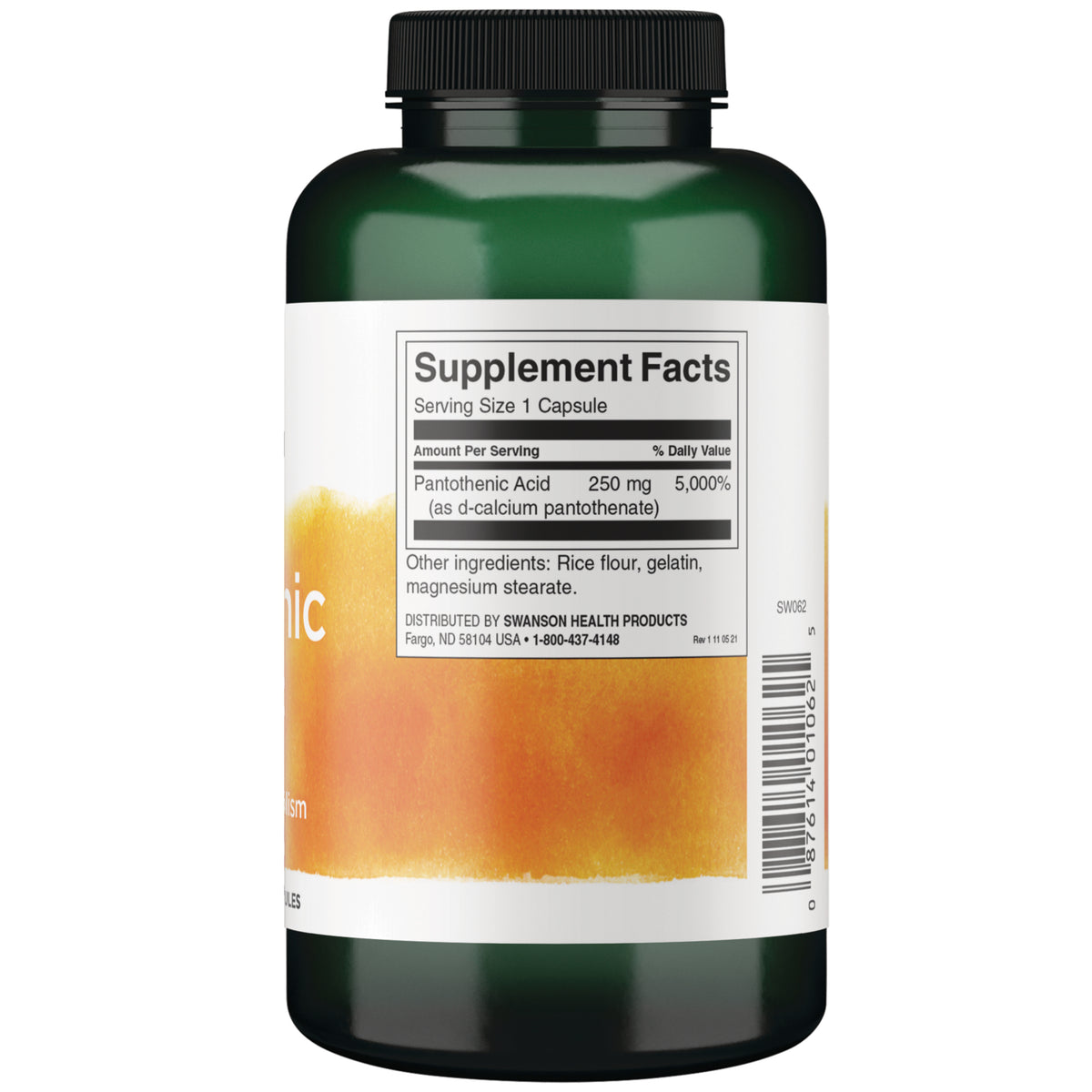 SW062 | Back label with Supplement Facts for Pantothenic Acid 250 mg and barcode