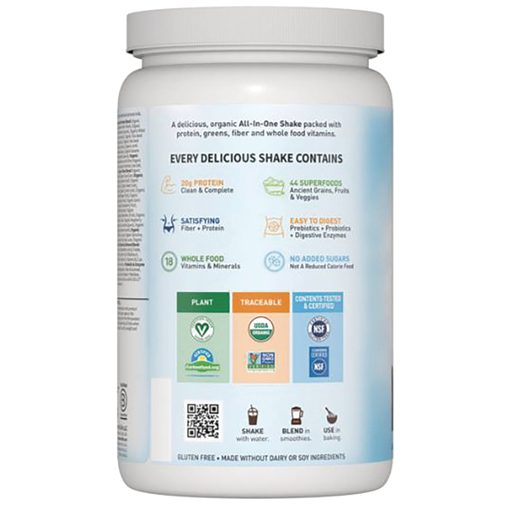 GLF142 | back label of protein shake tub showing product benefits, certification badges, QR code, and usage icons - Thumbnail