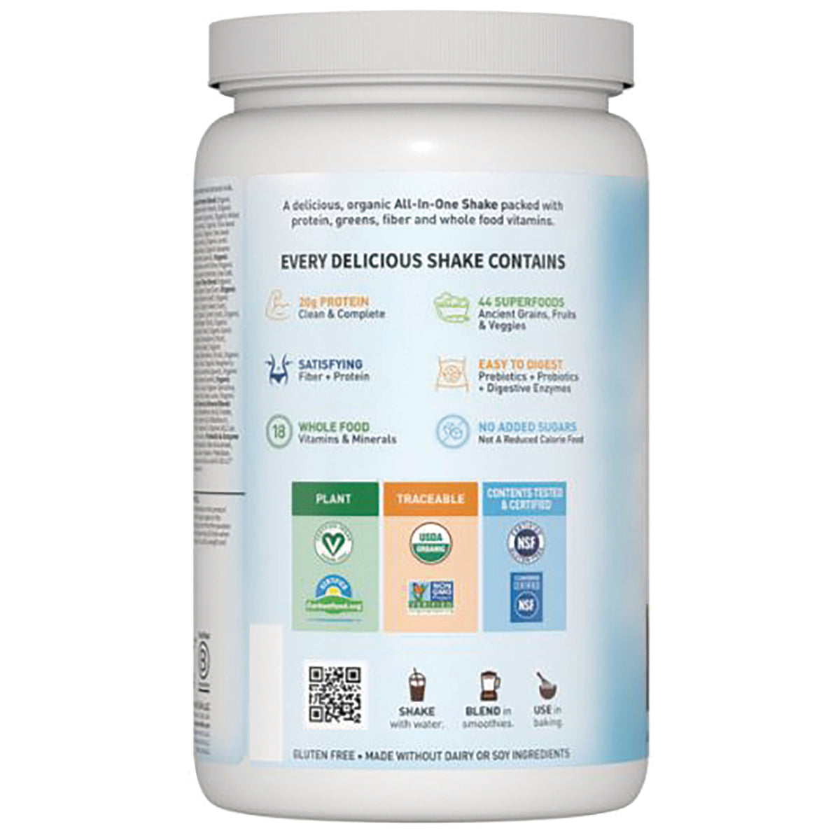 GLF142 | back label of protein shake tub showing product benefits, certification badges, QR code, and usage icons