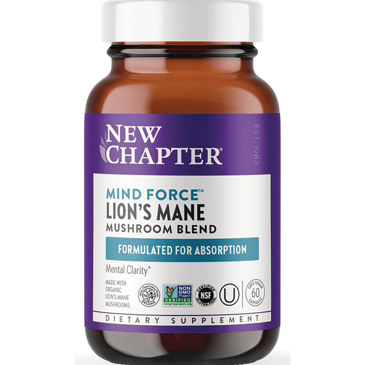 NWC267 | New Chapter Mind Force Lion's Mane mushroom blend bottle front with purple label and white cap, 60 capsules