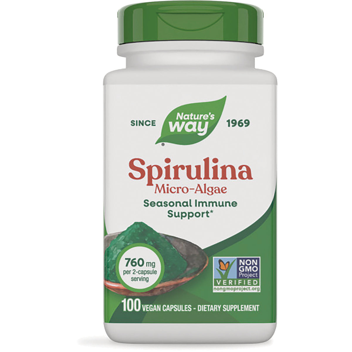 NW169 | Nature's Way Spirulina micro-algae supplement bottle, 100 vegan capsules, 760 mg per 2-capsule serving