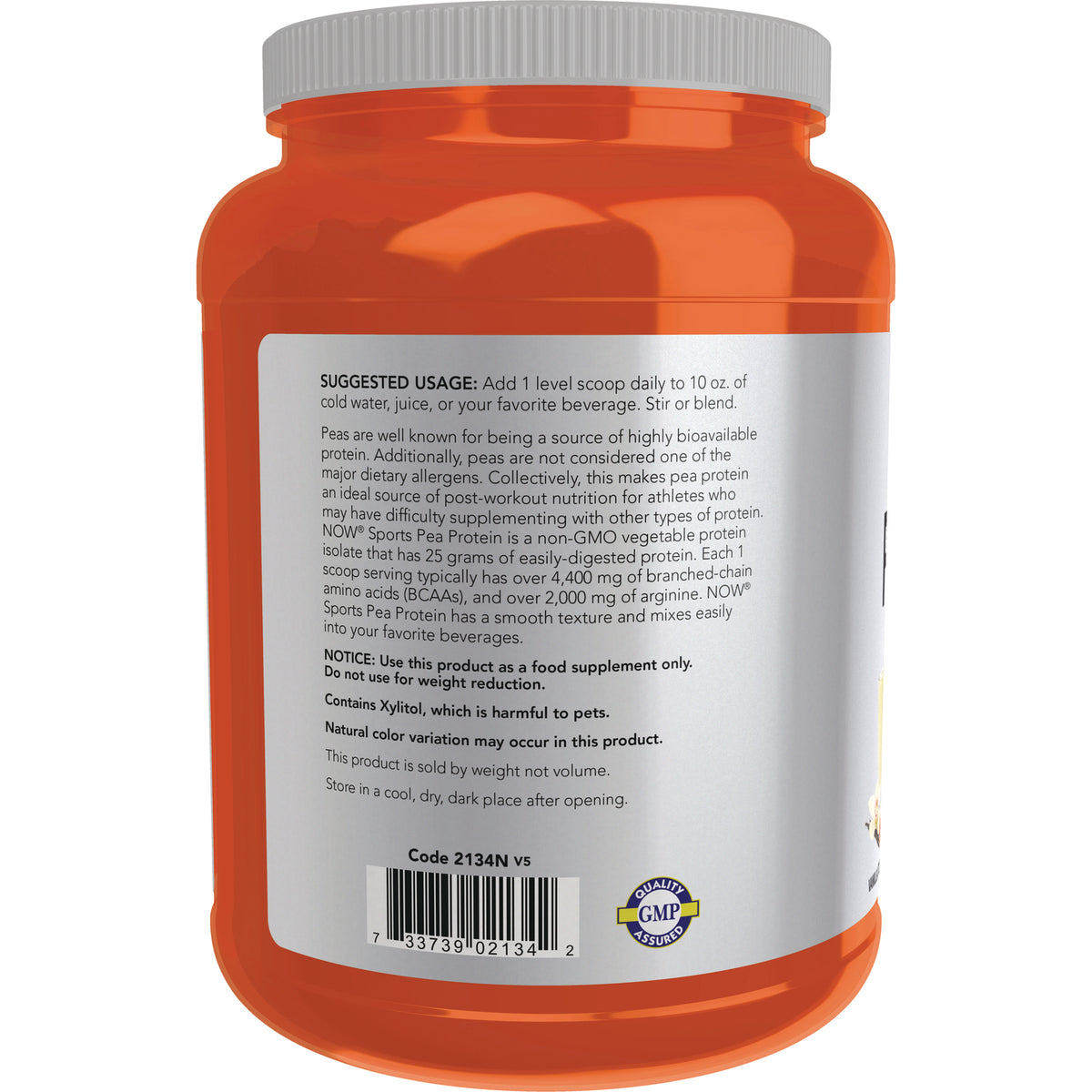 NWF1184 | Back label of orange supplement jar showing suggested usage, warning text, barcode and GMP seal