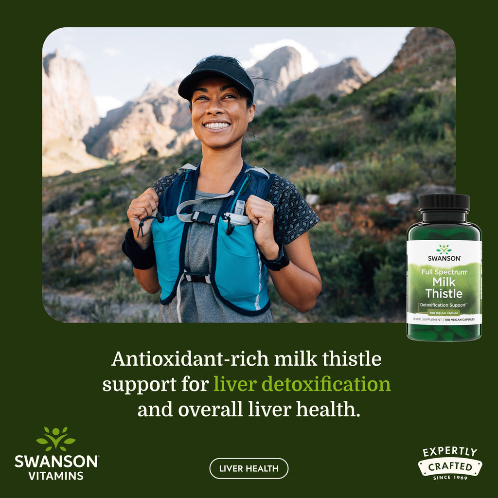 SW966 | Hiker smiling beside Swanson Milk Thistle bottle with liver detoxification message - Thumbnail