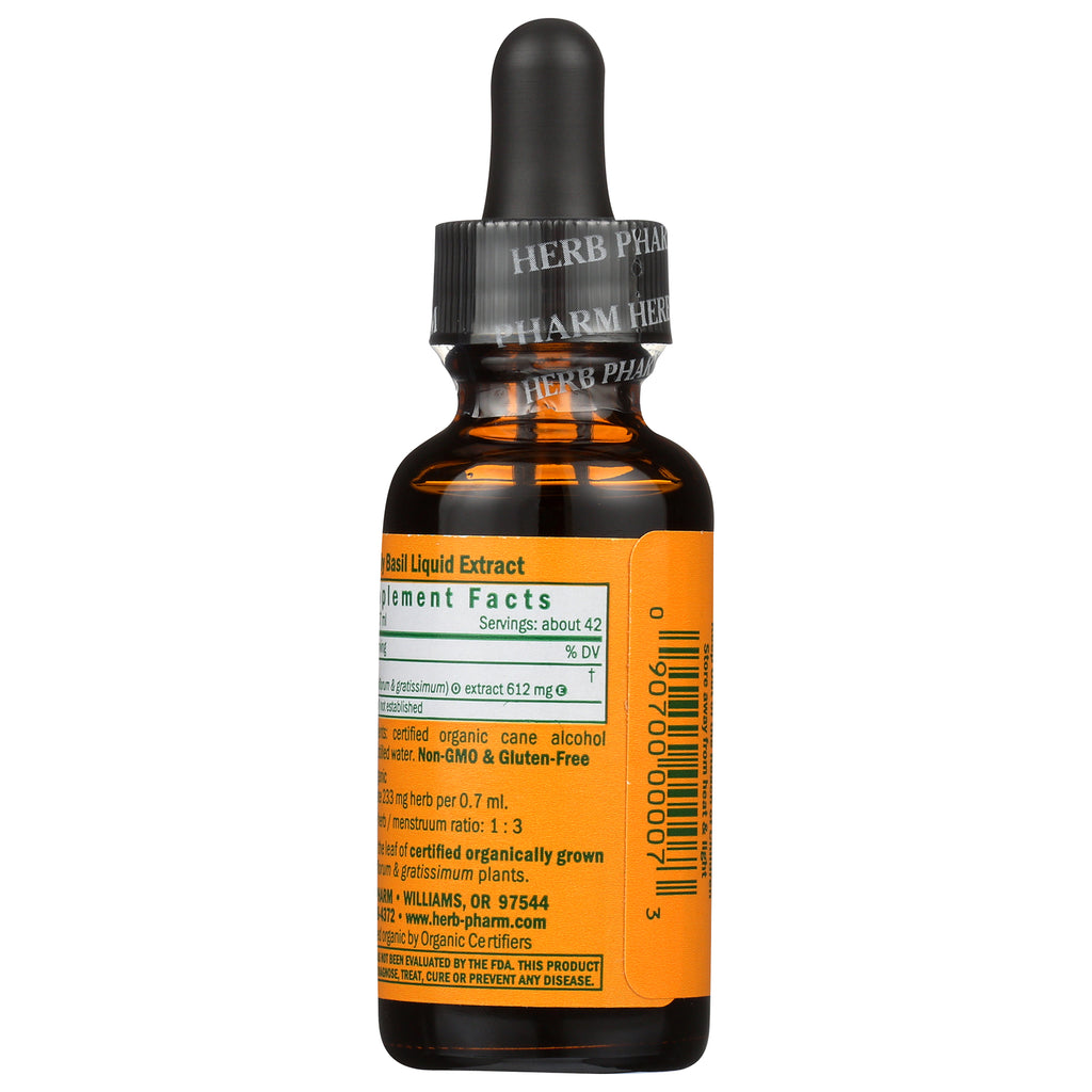 HPH022 | Front of Herb Pharm Holy Basil liquid extract bottle with supplement facts label - Thumbnail
