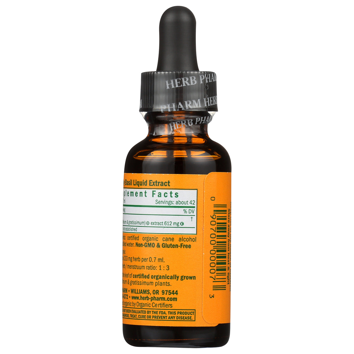 HPH022 | Front of Herb Pharm Holy Basil liquid extract bottle with supplement facts label