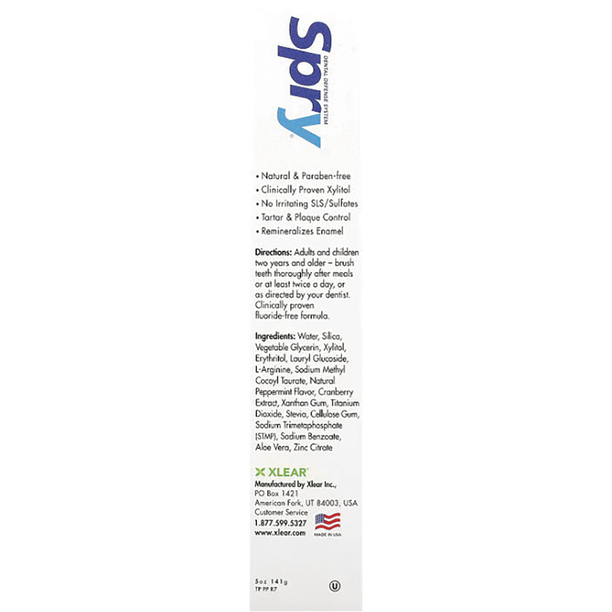 XL002 | Back panel showing Spry toothpaste features, directions, and ingredients