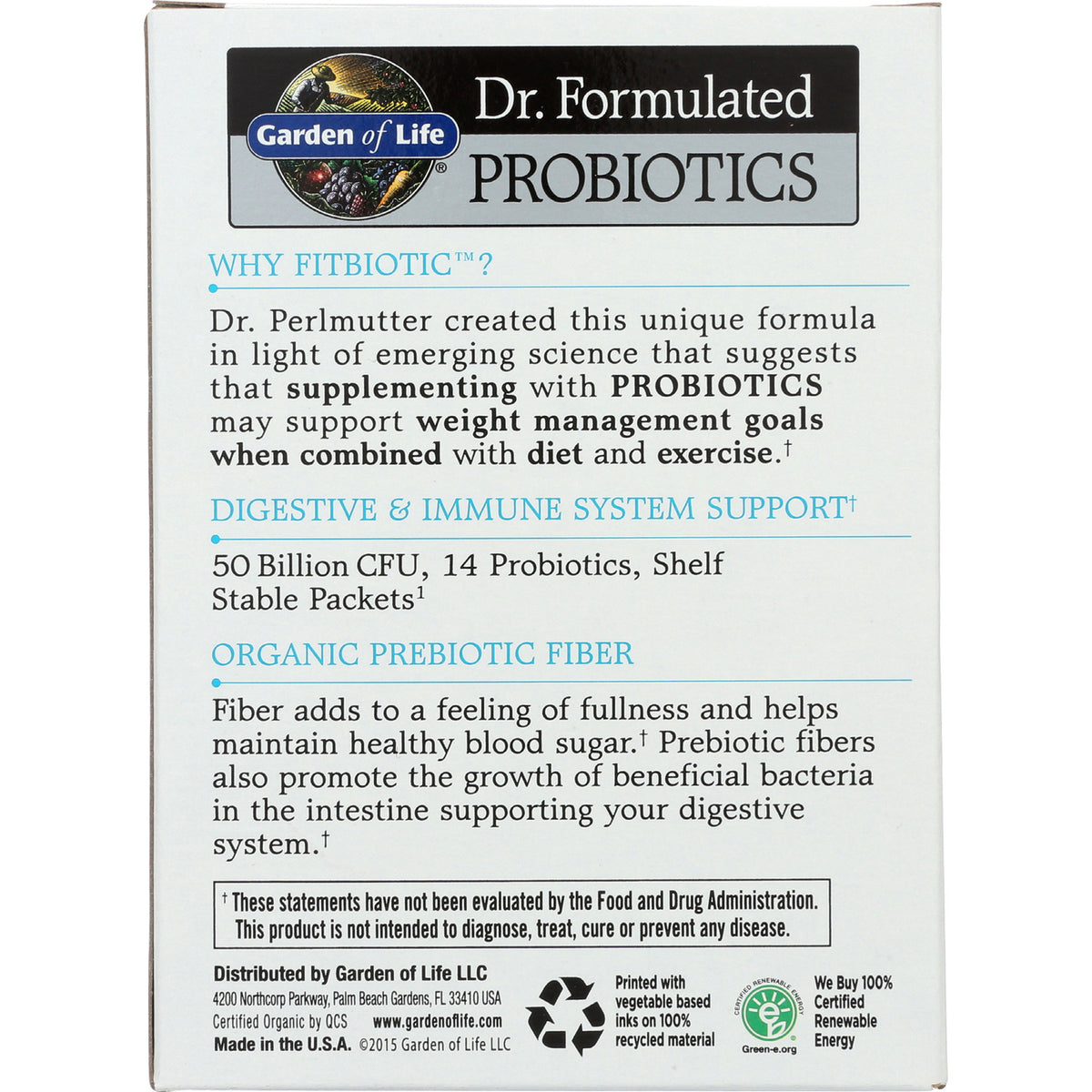 GLF209 | back panel showing probiotic product info: 50 Billion CFU, 14 probiotics, organic prebiotic fiber and usage claims