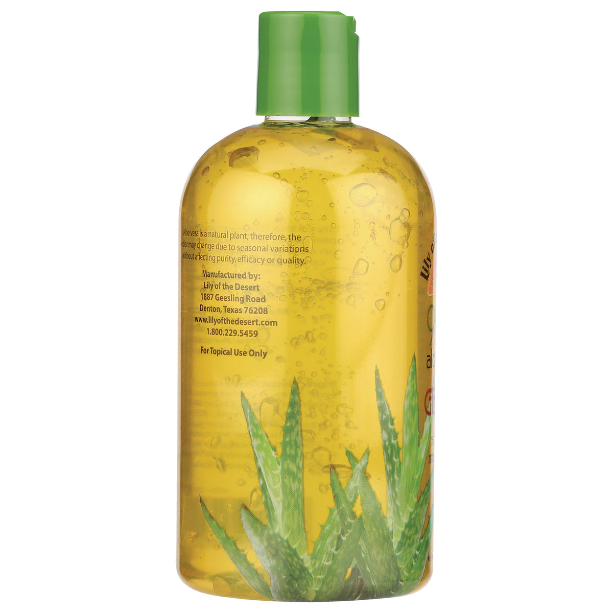 LIL030 | Back of clear bottle of yellow aloe gel with green cap showing manufacturer text and aloe leaf graphics