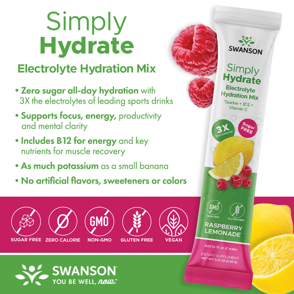 SW1940 | Raspberry Lemonade Simply Hydrate electrolyte hydration mix packet with product benefits and icons sugar free non-GMO gluten free vegan - Thumbnail