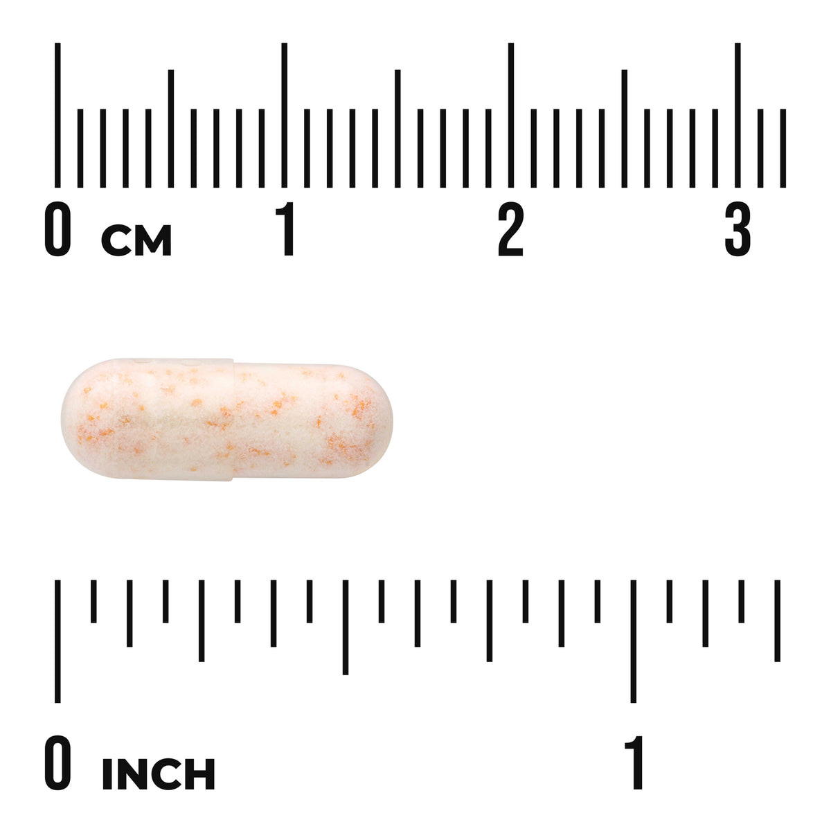SW857 | Beige speckled capsule shown with cm and inch rulers for size