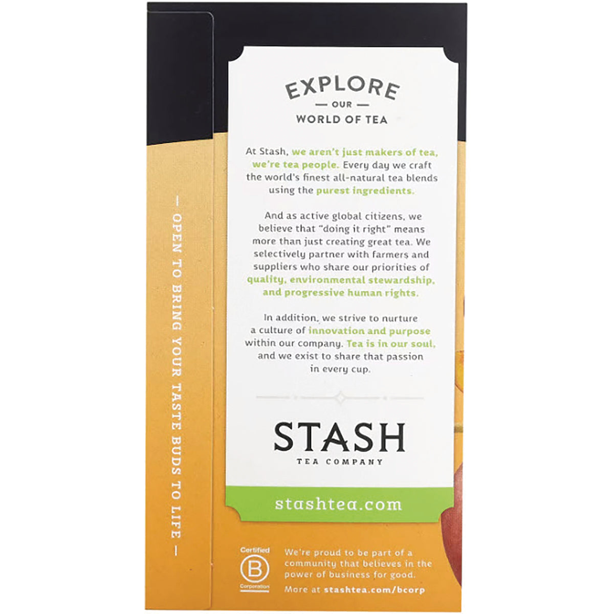 STH008 | Back of Stash Tea box with Explore Our World of Tea message and stashtea.com