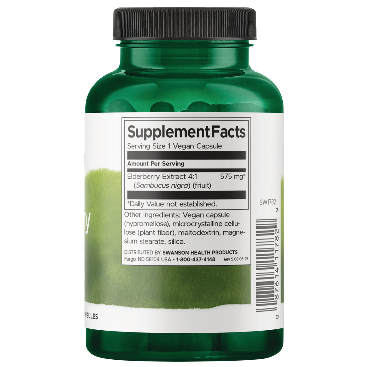 SW1782 | Supplement Facts panel: Elderberry Extract 4:1 (Sambucus nigra) 575 mg per vegan capsule