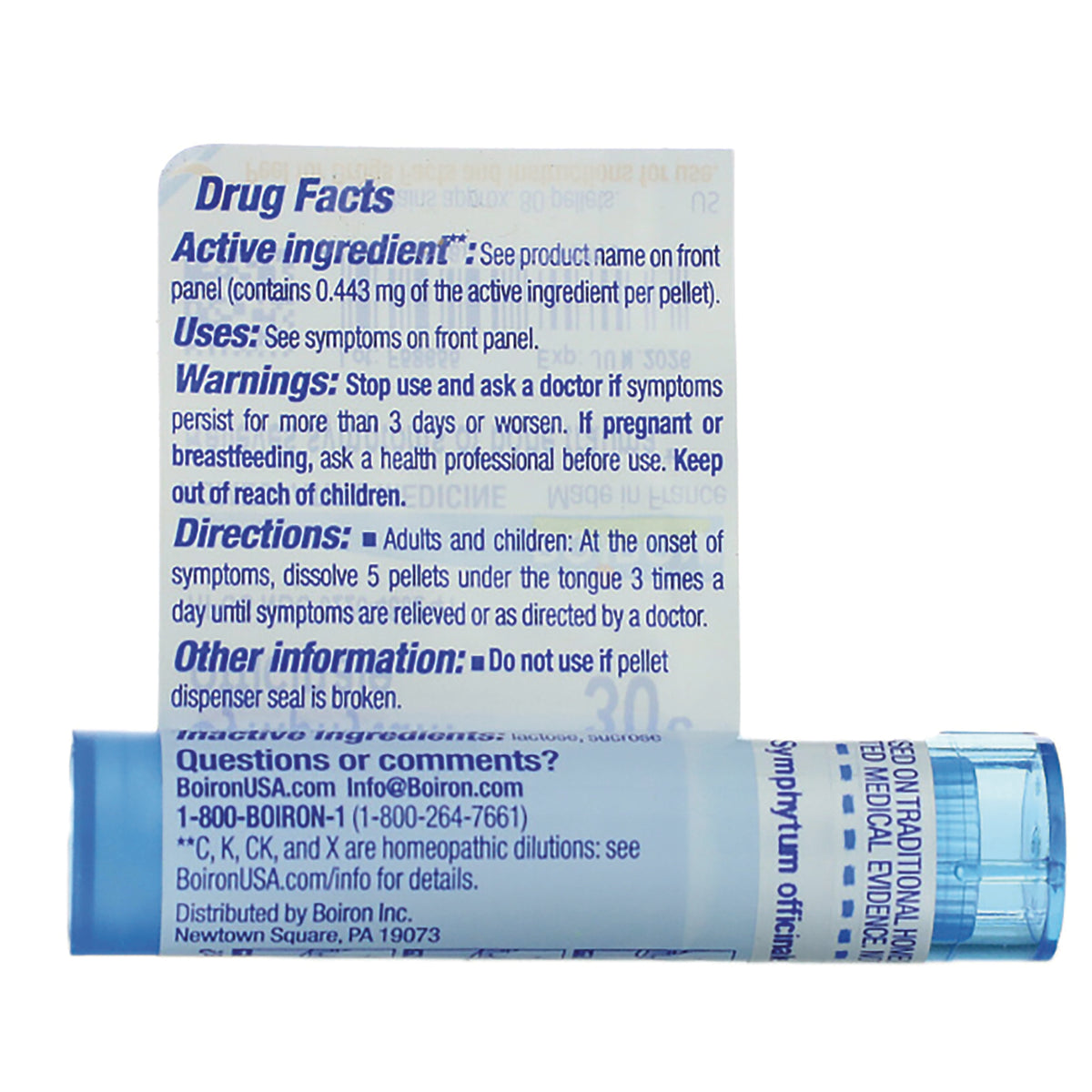 BRN072 | Back panel of blue homeopathic pellet tube showing Drug Facts, directions, and contact information