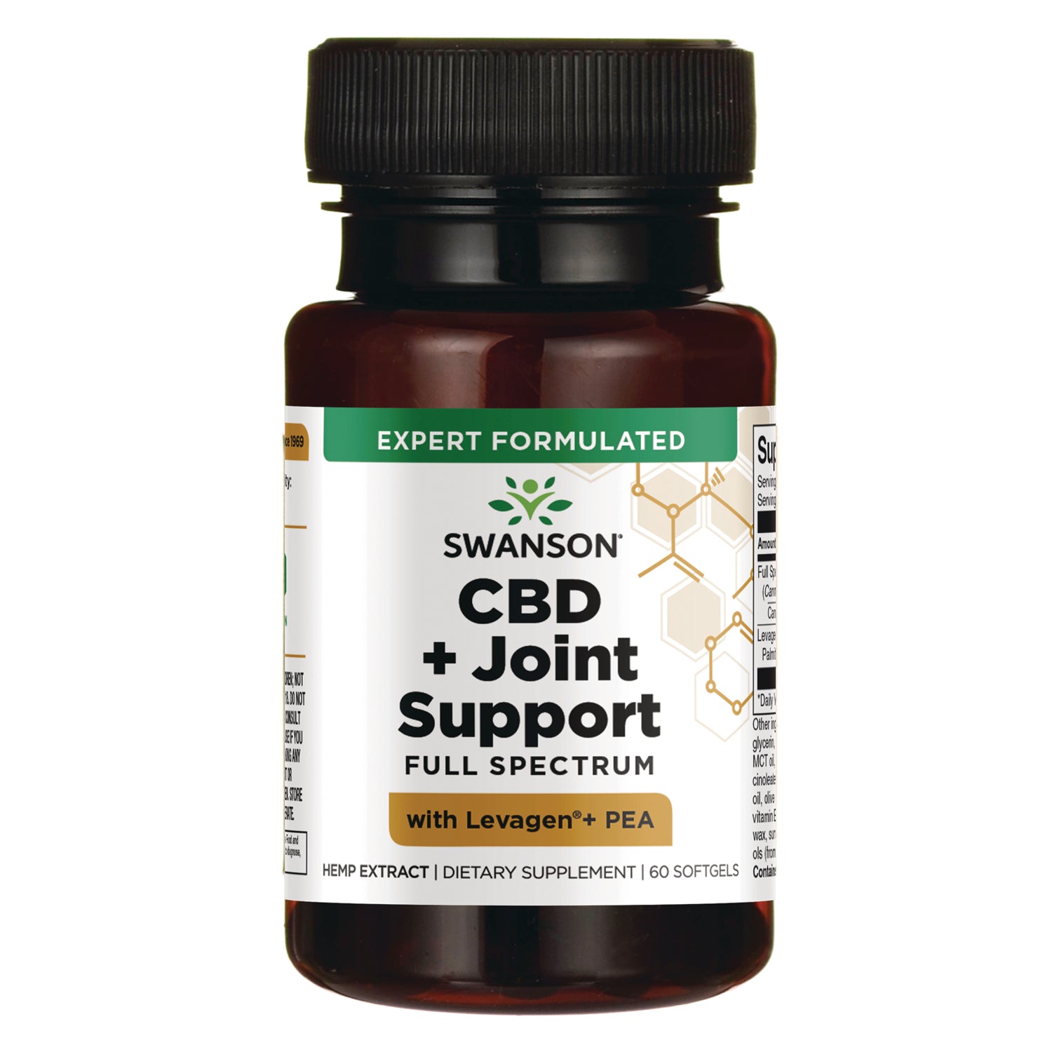 SWU1093 | Four amber supplement bottles labeled SWANSON CBD + Joint Support Full Spectrum || SWU1093 | Three amber bottles of Swanson CBD + Joint Support full spectrum softgels with Levagen+ PEA, front labels visible || SWU1093 | Two amber bottles of Swanson CBD + Joint Support full spectrum softgels with Levagen PEA, front labels visible