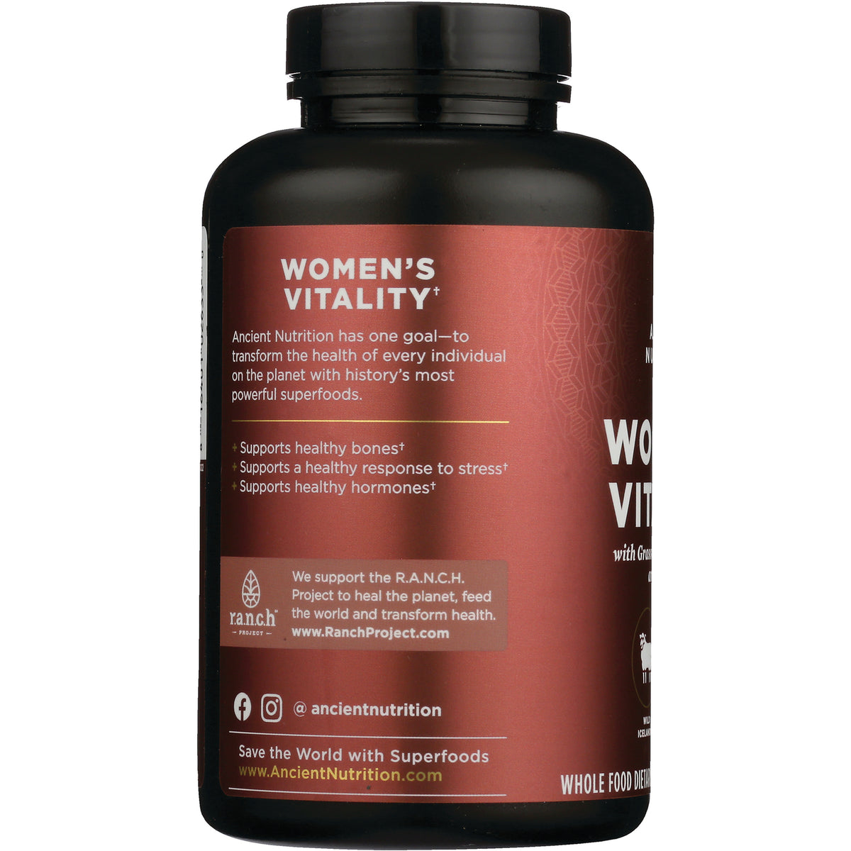 ATN101 | back label of WOMEN'S VITALITY bottle showing benefits, R.A.N.C.H. project blurb and @ancientnutrition