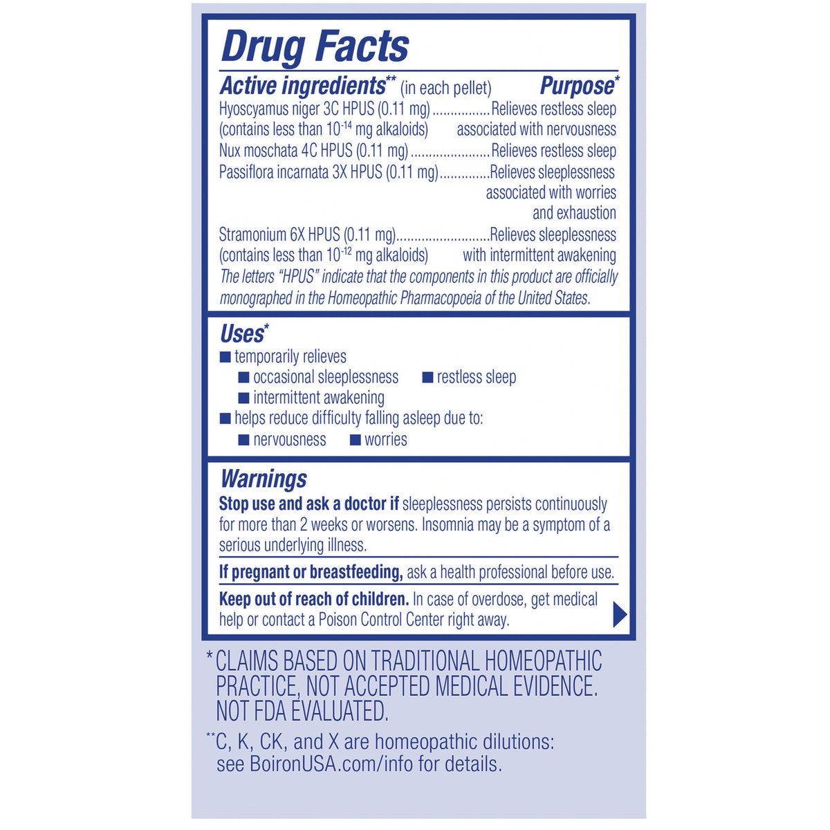 BRN129 | Back label showing Drug Facts active ingredients, uses, and warnings on sleep remedy packaging