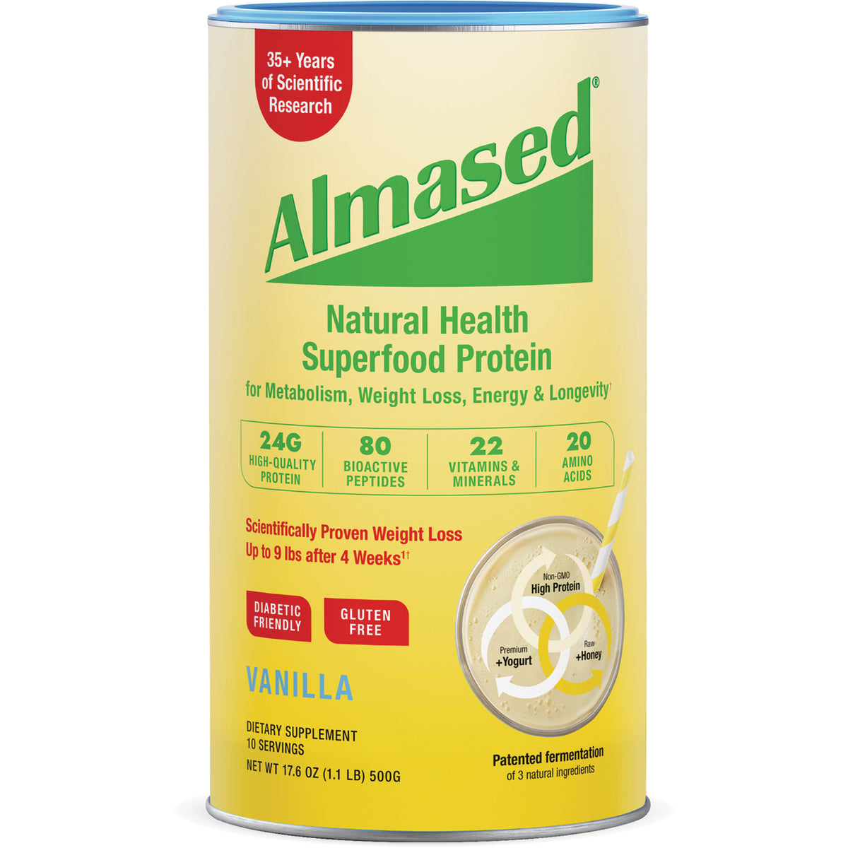 ALM006 | Almased Natural Health Superfood Protein Vanilla dietary supplement canister, front label