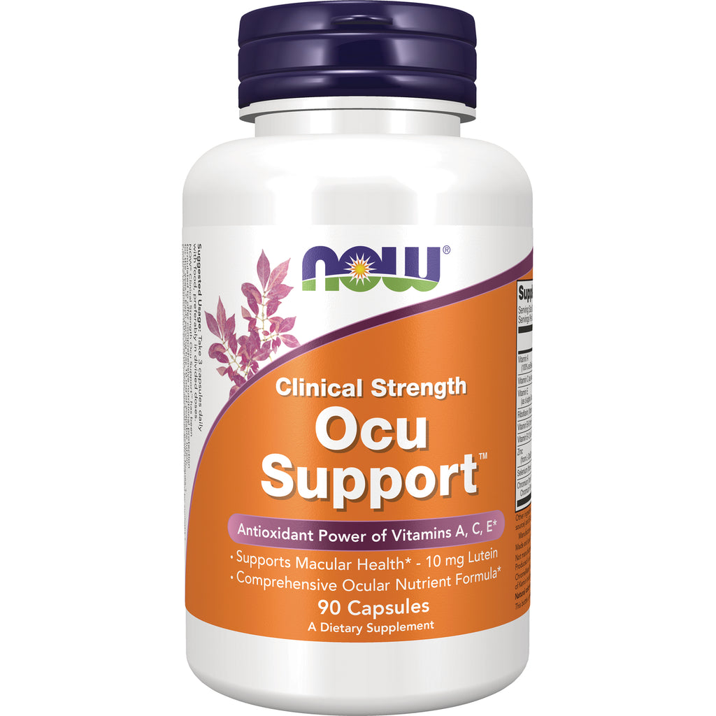 NWF1058 | White bottle of NOW Ocu Support dietary supplement with orange label, 90 capsules, purple cap - Thumbnail