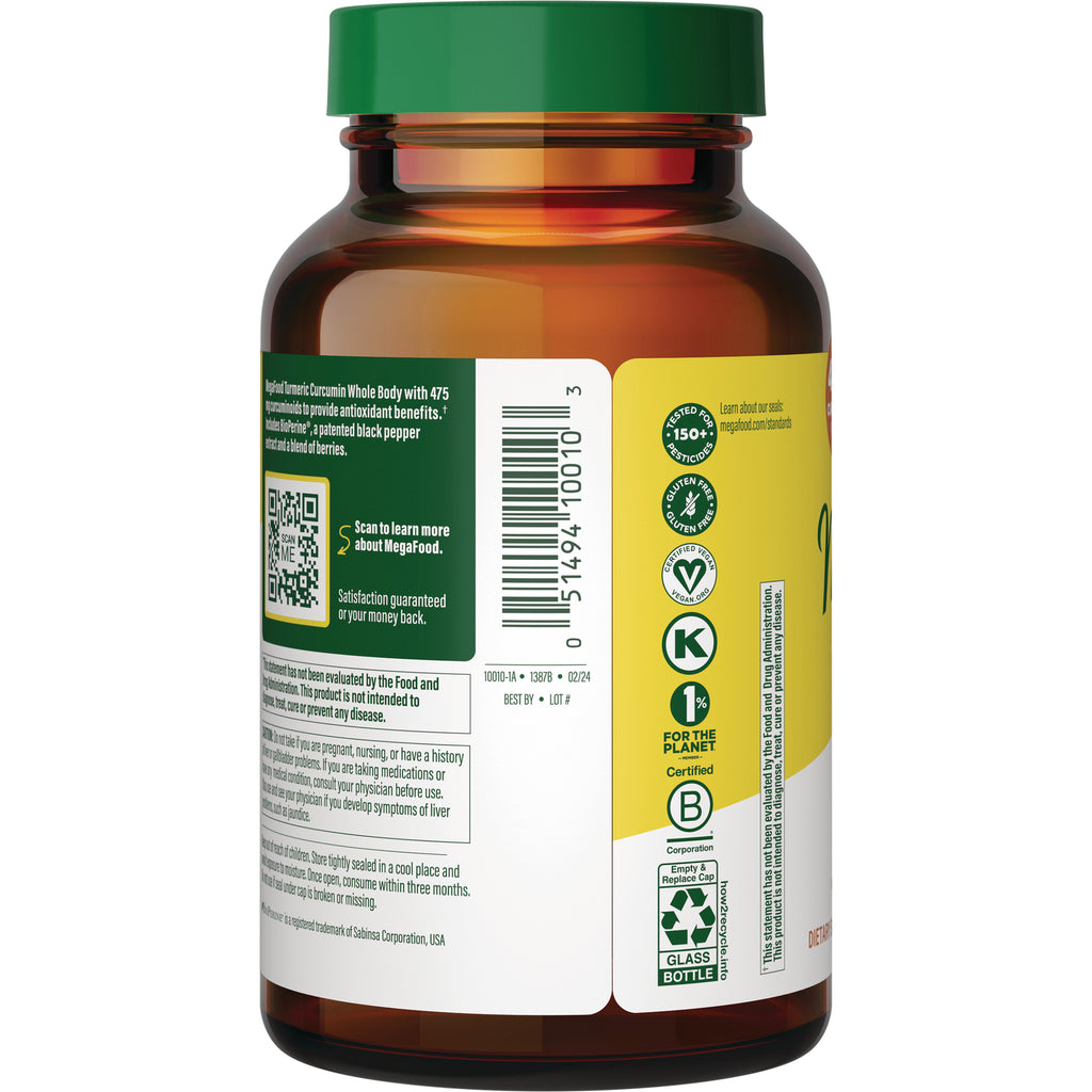 MGF049 | Back label of amber supplement bottle showing barcode, QR code, certification icons and small text - Thumbnail
