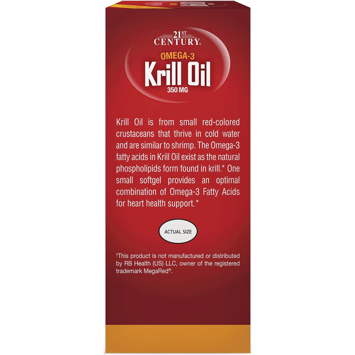CNT238 | Red back panel of 21st Century Omega-3 Krill Oil 350 MG box showing product description text and actual size softgel graphic
