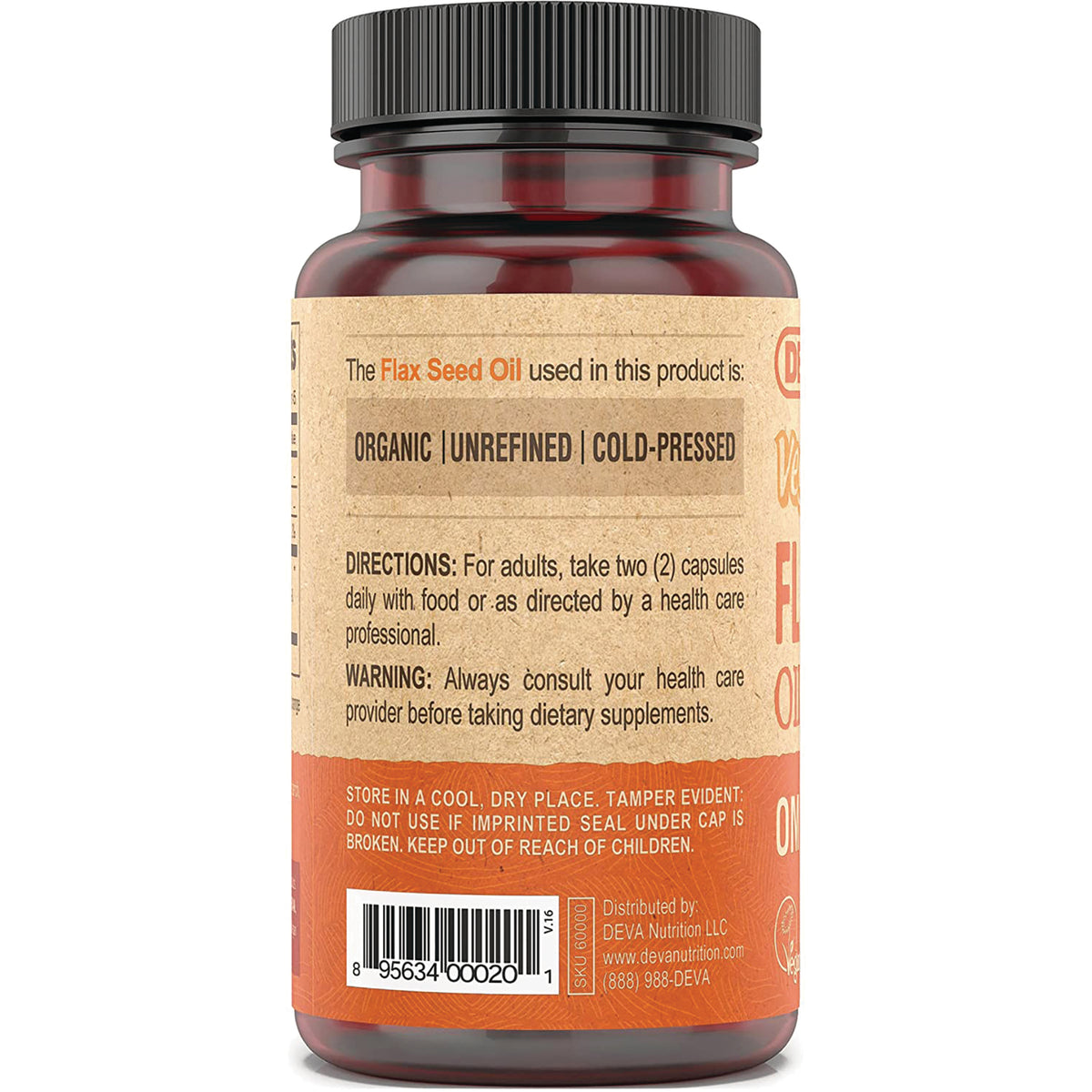 DEV003 | Back label of flax seed oil bottle showing directions, warning, organic unrefined cold-pressed text and barcode