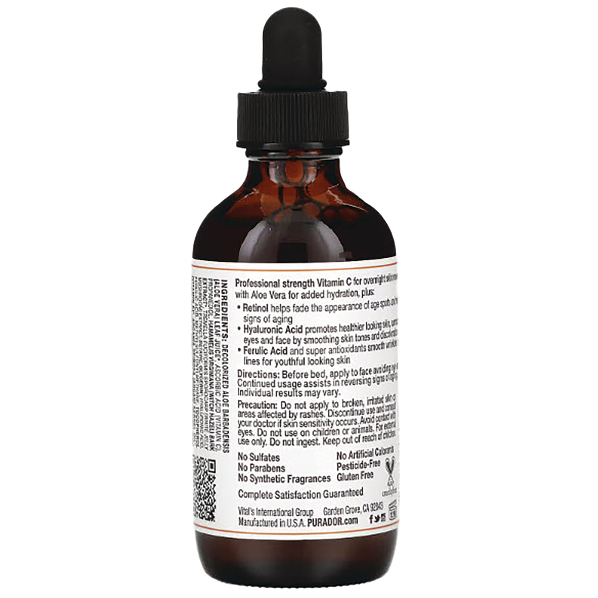 PDO007 | back label of amber dropper bottle with ingredients, directions, and certification icons