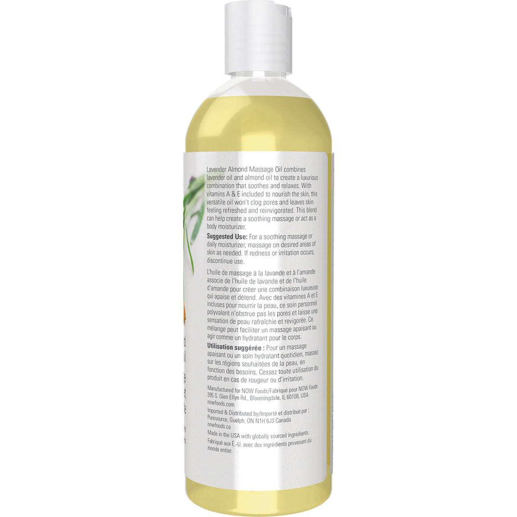 NWF428 | Back label of lavender almond massage oil bottle showing usage directions and ingredients - Thumbnail