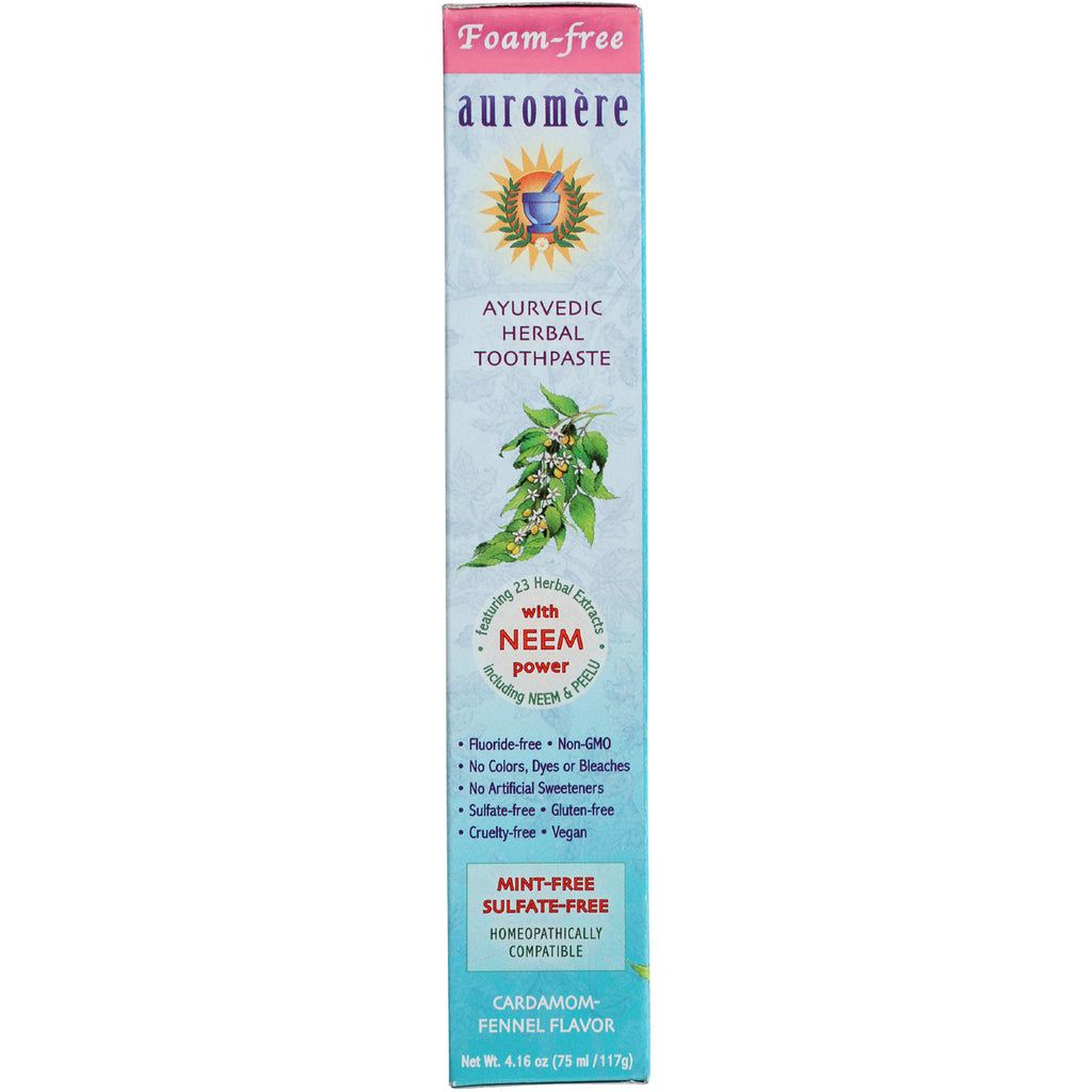 AUR008 | product infographic for Auromre Ayurvedic herbal toothpaste with NEEM power, mint-free sulfate-free, cardamom-fennel flavor - Thumbnail