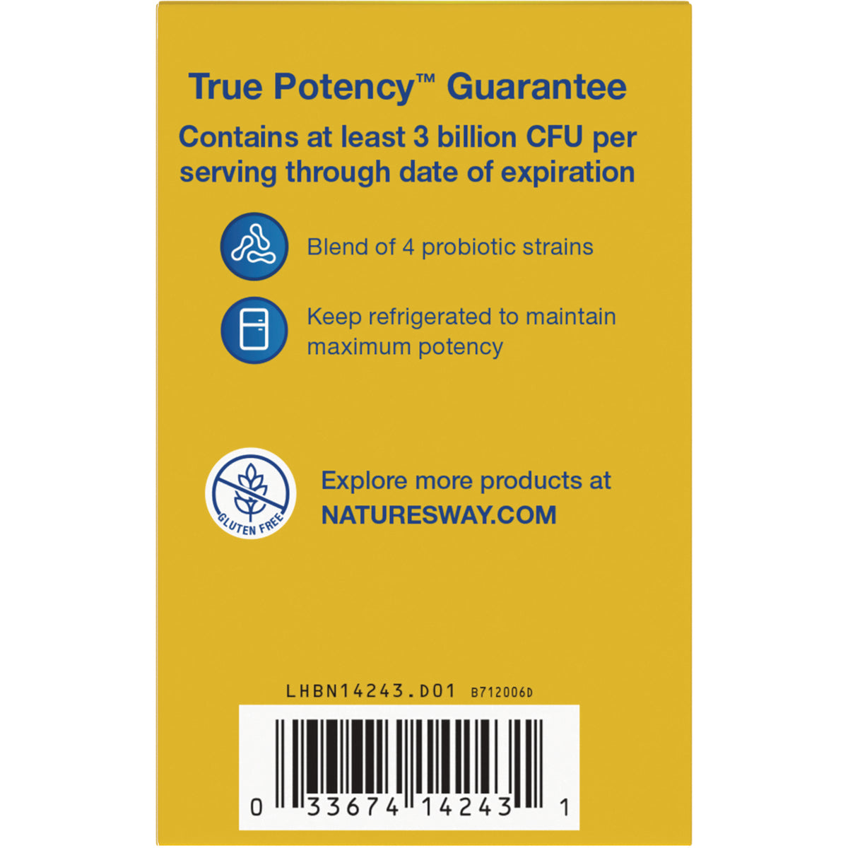 NW565 | yellow product infographic reading True Potency Guarantee contains at least 3 billion CFU per serving with icons and barcode