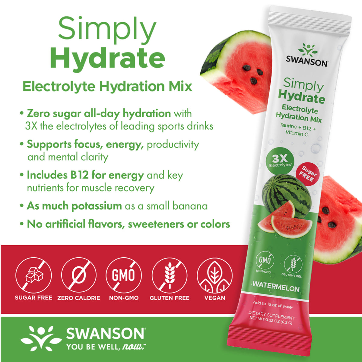 SW1926 | Simply Hydrate electrolyte hydration mix watermelon stick pack with bullet benefits and certification icons