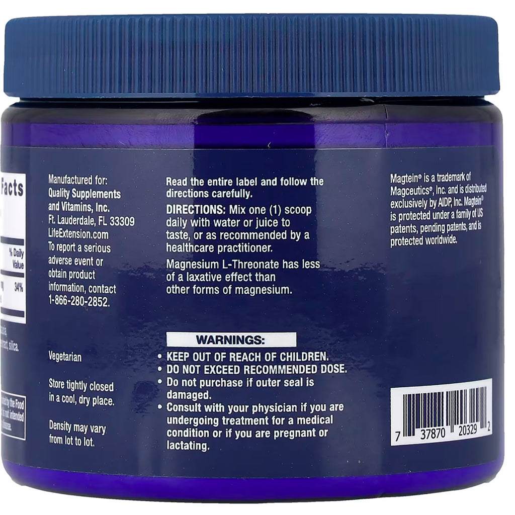 LE432 | Back label of magnesium L-threonate powder jar with directions and warnings - Thumbnail