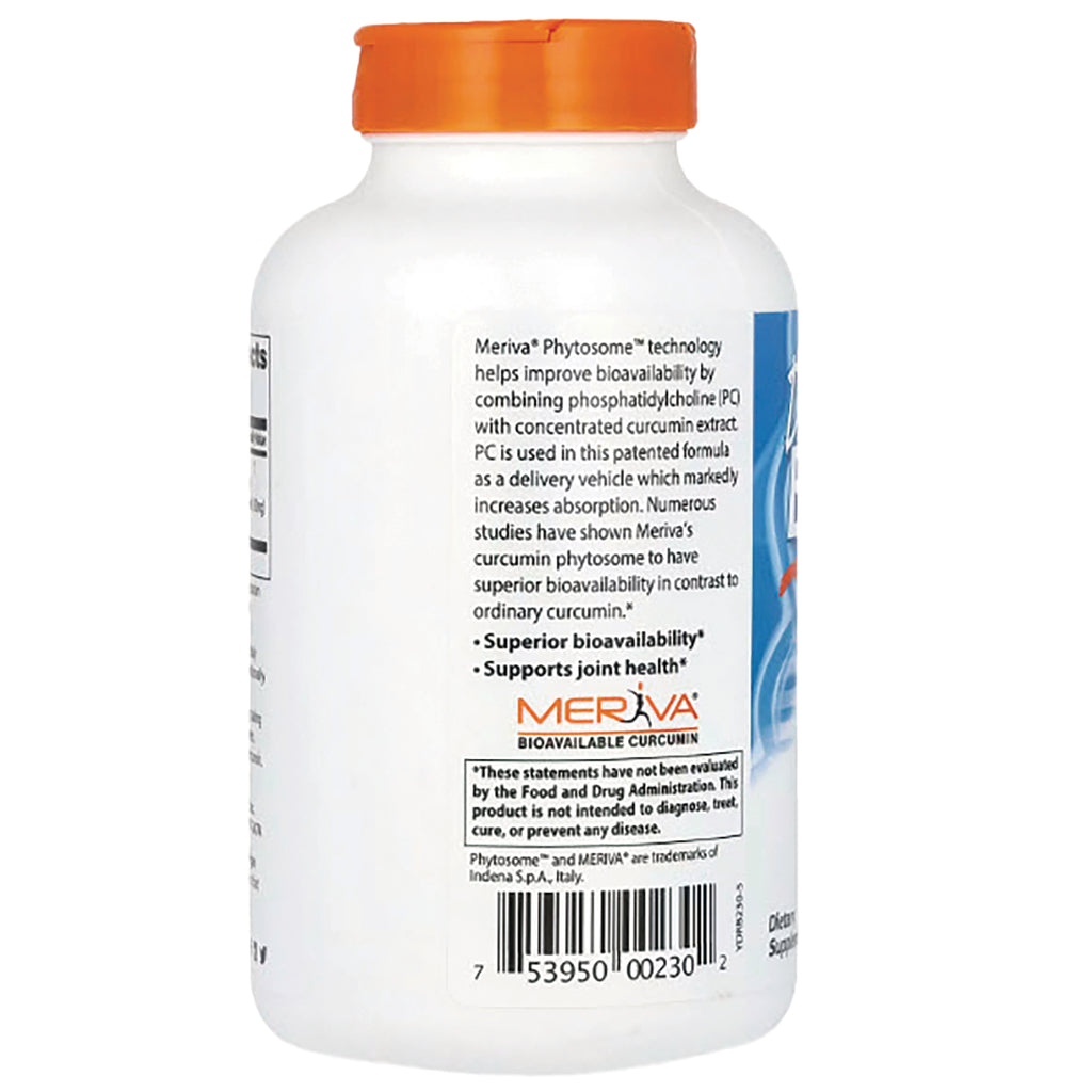 DB177 | Back label of white supplement bottle showing Meriva bioavailable curcumin text, benefits and barcode - Thumbnail