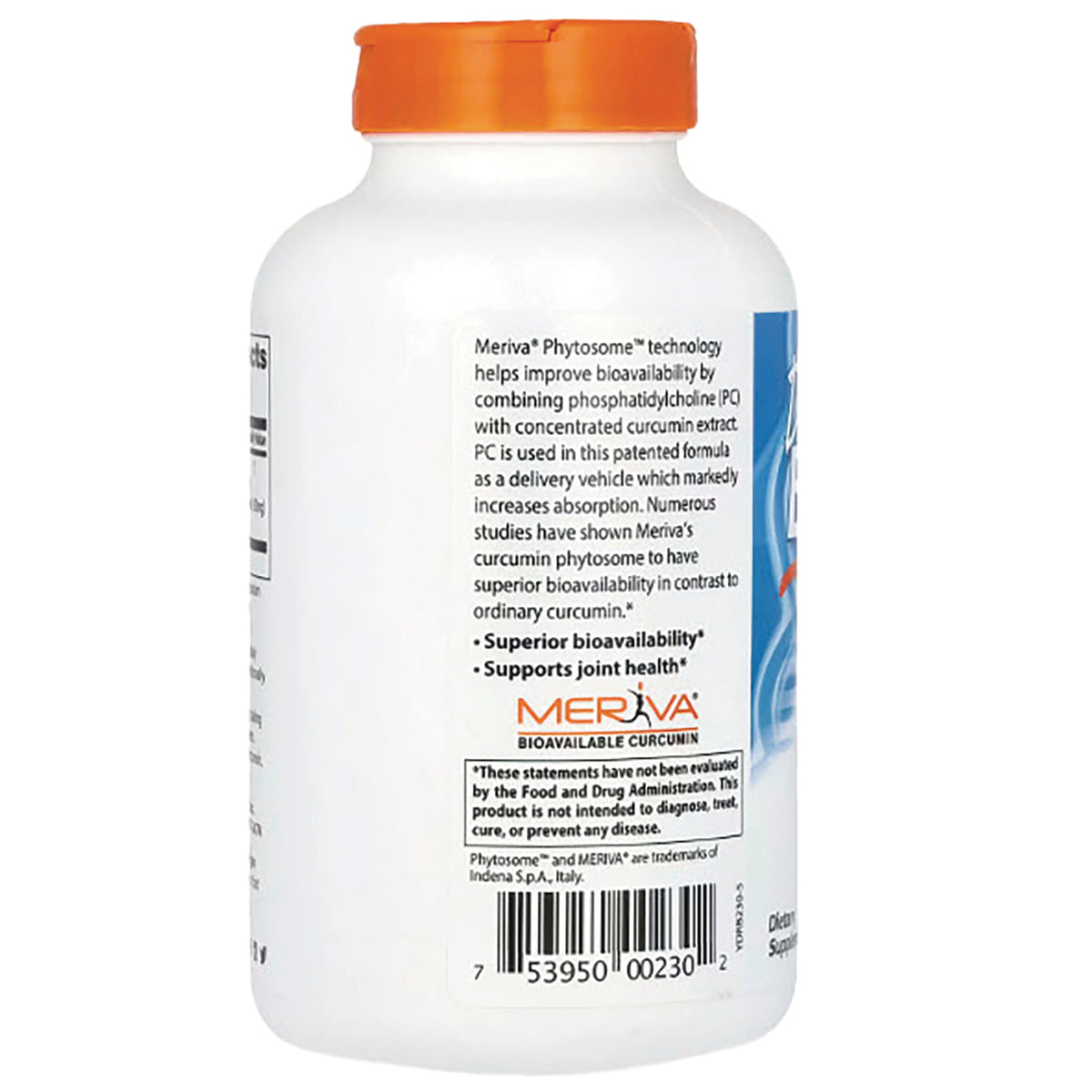DB177 | Back label of white supplement bottle showing Meriva bioavailable curcumin text, benefits and barcode