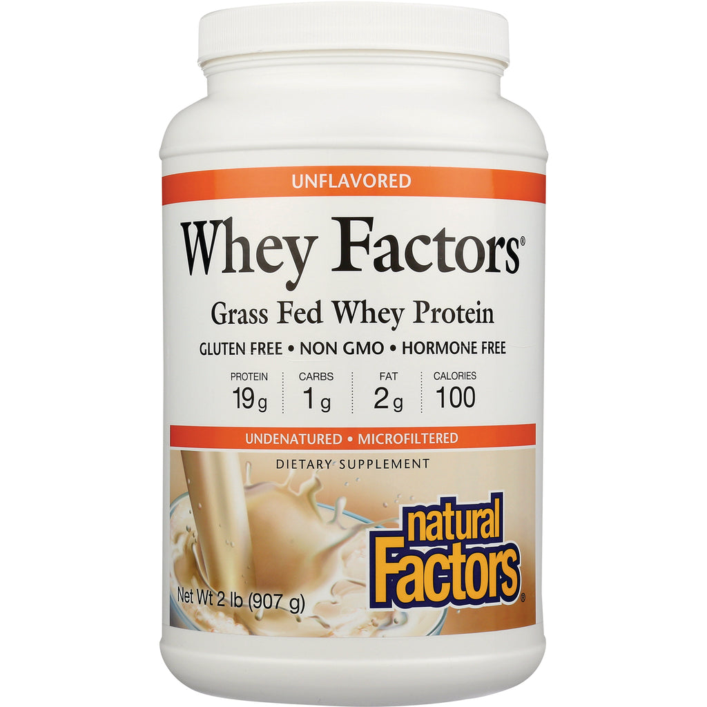 NFC108 | Whey Factors grass fed whey protein unflavored tub, net wt 2 lb (907 g), Natural Factors label - Thumbnail